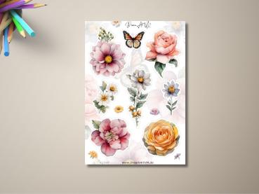 Blumenaufkleber mit verschiedenen floralen Motiven, darunter Rosen, Margeriten, Schmetterlinge und weitere Blüten in zarten Farben. Ideal zur Dekoration und für kreative Projekte. DreamArt VM Design, Stickerbogen #2240.